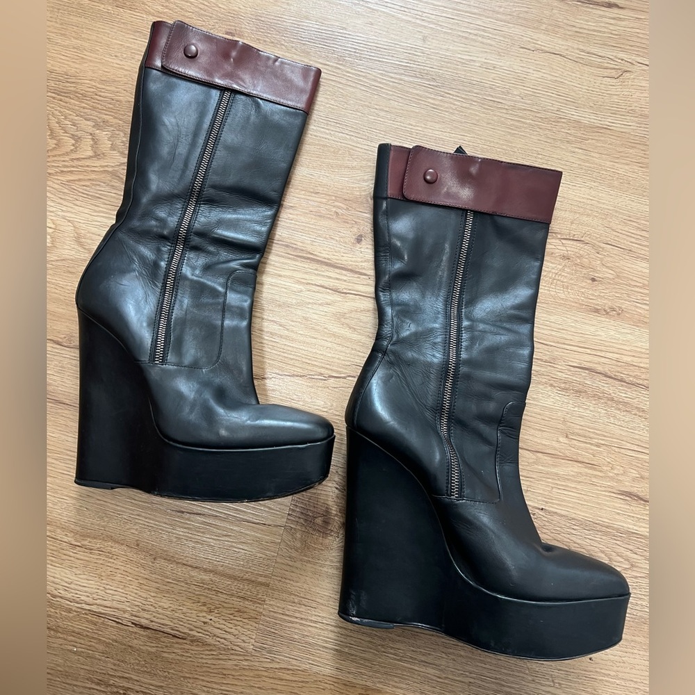Balenciaga Leather Platform Wedge Ankle Boots Black Burgundy Zip EU 40